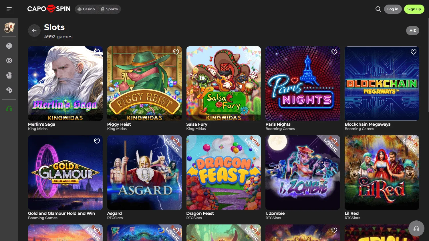 Capospin Casino games area on desktop