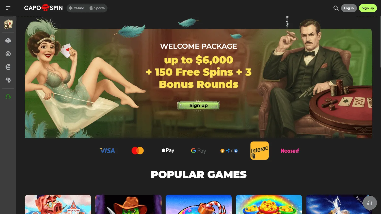 Capospin Casino home experience on desktop